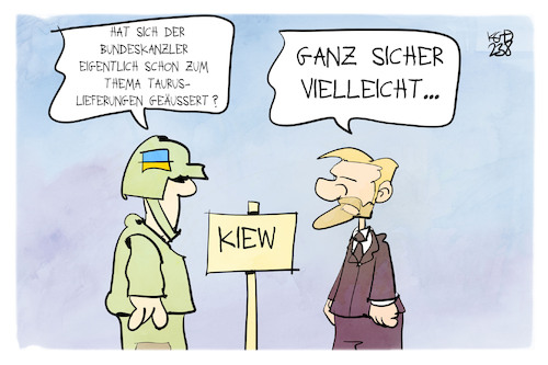 Cartoon: Lindner in Kiew (medium) by Kostas Koufogiorgos tagged karikatur,koufogiorgos,lindner,kiew,taurus,waffe,vielleicht,bestimmt,entscheidung,karikatur,koufogiorgos,lindner,kiew,taurus,waffe,vielleicht,bestimmt,entscheidung