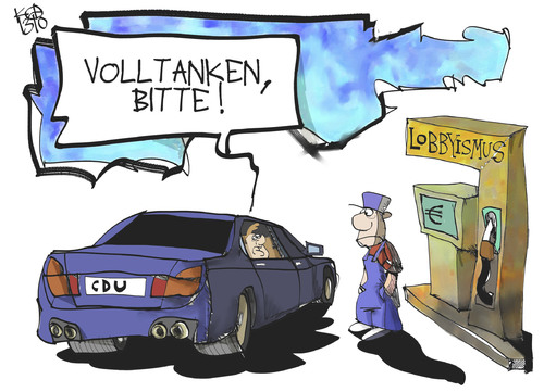 Cartoon: Lobbyismus (medium) by Kostas Koufogiorgos tagged cdu,merkel,bmw,auto,emission,umwelt,lobbyismus,spende,geld,wirtschaft,karikatur,koufogiorgos,cdu,merkel,bmw,auto,emission,umwelt,lobbyismus,spende,geld,wirtschaft,karikatur,koufogiorgos
