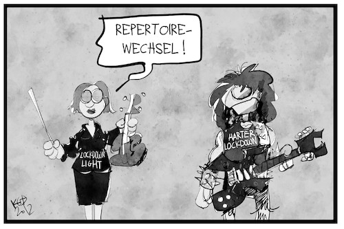 Cartoon: Lockdown-Repertoire (medium) by Kostas Koufogiorgos tagged karikatur,koufogiorgos,illustration,cartoon,corona,lockdown,light,hart,hardrock,heavy,metal,gitarre,geige,orchester,musik,massnahmen,pandemie,karikatur,koufogiorgos,illustration,cartoon,corona,lockdown,light,hart,hardrock,heavy,metal,gitarre,geige,orchester,musik,massnahmen,pandemie