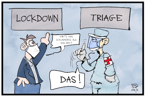 Cartoon: Lockdown und Triage (medium) by Kostas Koufogiorgos tagged karikatur,koufogiorgos,illustration,cartoon,lockdown,triage,arzt,mediziner,pandemie,auwahl,covid,alternative,karikatur,koufogiorgos,illustration,cartoon,lockdown,triage,arzt,mediziner,pandemie,auwahl,covid,alternative