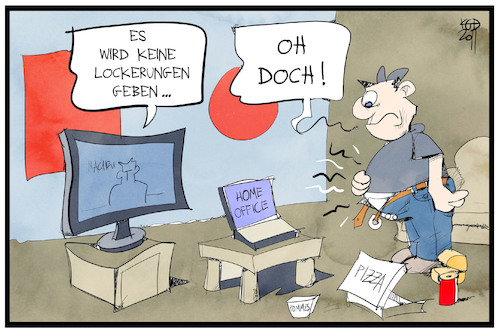 Cartoon: Lockerungen (medium) by Kostas Koufogiorgos tagged karikatur,koufogiorgos,illustration,cartoon,corona,lockerungen,homeoffice,fastfood,stayathome,nachrichten,fernsehen,lockdown,karikatur,koufogiorgos,illustration,cartoon,corona,lockerungen,homeoffice,fastfood,stayathome,nachrichten,fernsehen,lockdown