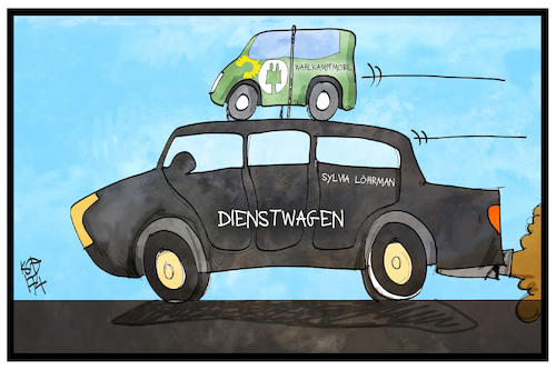 Cartoon: Löhrmann steigt um (medium) by Kostas Koufogiorgos tagged karikatur,koufogiorgos,illustration,cartoon,löhrmann,grünen,partei,nrw,wahlkampf,mobil,ökologie,hybrid,dienstwagen,heuchelei,öko,fahrzeug,karikatur,koufogiorgos,illustration,cartoon,löhrmann,grünen,partei,nrw,wahlkampf,mobil,ökologie,hybrid,dienstwagen,heuchelei,öko,fahrzeug