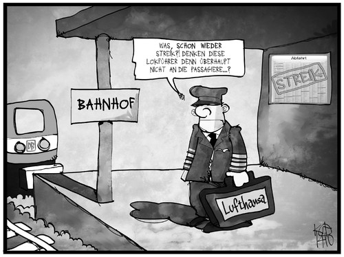 Cartoon: Lokführer-Streik (medium) by Kostas Koufogiorgos tagged karikatur,koufogiorgos,illustration,cartoon,streik,passagier,lokführer,pilot,arbeitskampf,bahnhof,arbeit,politik,verkehr,fahrgast,karikatur,koufogiorgos,illustration,cartoon,streik,passagier,lokführer,pilot,arbeitskampf,bahnhof,arbeit,politik,verkehr,fahrgast