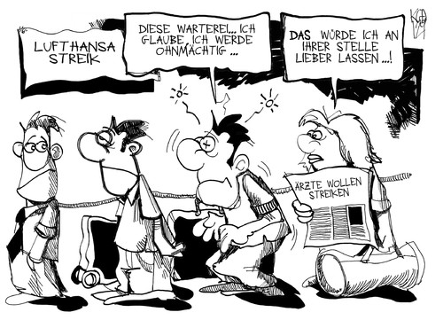 Cartoon: Lufthansa- und Ärztestreik (medium) by Kostas Koufogiorgos tagged lufthansa,arbeit,arzt,streik,gewerkschaft,flughafen,karikatur,arbeitskampf,kostas,koufogiorgos,lufthansa,arbeit,arzt,streik,gewerkschaft,flughafen,karikatur,arbeitskampf,kostas,koufogiorgos