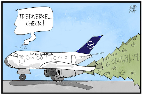 Cartoon: Lufthansa (medium) by Kostas Koufogiorgos tagged karikatur,koufogiorgos,illustration,cartoon,lufthansa,staatshilfe,triebwerk,geld,kredit,flugzeug,airline,wirtschaft,rettungspaket,karikatur,koufogiorgos,illustration,cartoon,lufthansa,staatshilfe,triebwerk,geld,kredit,flugzeug,airline,wirtschaft,rettungspaket