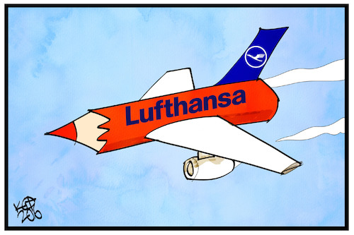 Cartoon: Lufthansa (medium) by Kostas Koufogiorgos tagged karikatur,koufogiorgos,illustration,cartoon,lufthansa,airline,flugzeug,rotstift,sparen,arbeit,wirtschaft,entlassung,fliegen,geld,karikatur,koufogiorgos,illustration,cartoon,lufthansa,airline,flugzeug,rotstift,sparen,arbeit,wirtschaft,entlassung,fliegen,geld