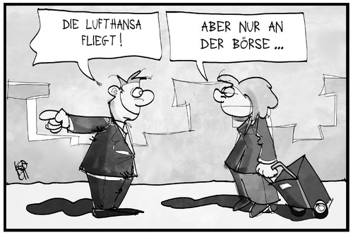 Cartoon: Lufthansa fliegt (medium) by Kostas Koufogiorgos tagged karikatur,koufogiorgos,illustration,cartoon,lufthansa,streik,flug,börse,höhenflug,aktie,fliegen,flughafen,reisende,passagier,karikatur,koufogiorgos,illustration,cartoon,lufthansa,streik,flug,börse,höhenflug,aktie,fliegen,flughafen,reisende,passagier