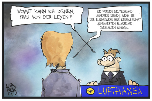 Cartoon: Lufthansa und Bundeswehr (medium) by Kostas Koufogiorgos tagged cartoon,illustration,koufogiorgos,karikatur,lufthansa,flugzeug,von,der,leyen,verteidigungsministerin,streik,leihen,bundeswehr,politik,arbeitskampf,karikatur,koufogiorgos,illustration,cartoon,lufthansa,flugzeug,von,der,leyen,verteidigungsministerin,streik,leihen,bundeswehr,politik,arbeitskampf