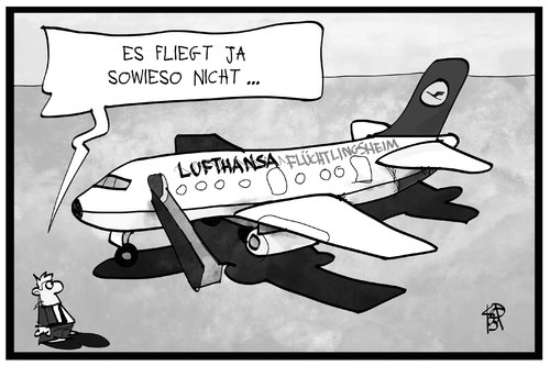 Cartoon: Lufthansastreik (medium) by Kostas Koufogiorgos tagged karikatur,koufogiorgos,illustration,cartoon,lufthansa,piloten,streik,flüchtlingsheim,nutzung,wohnraum,flughafen,arbeitskampf,arbeit,karikatur,koufogiorgos,illustration,cartoon,lufthansa,piloten,streik,flüchtlingsheim,nutzung,wohnraum,flughafen,arbeitskampf,arbeit