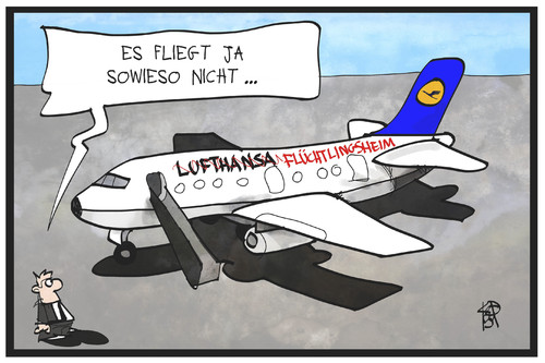 Cartoon: Lufthansastreik (medium) by Kostas Koufogiorgos tagged karikatur,koufogiorgos,illustration,cartoon,lufthansa,piloten,streik,flüchtlingsheim,nutzung,wohnraum,flughafen,arbeitskampf,arbeit,karikatur,koufogiorgos,illustration,cartoon,lufthansa,piloten,streik,flüchtlingsheim,nutzung,wohnraum,flughafen,arbeitskampf,arbeit