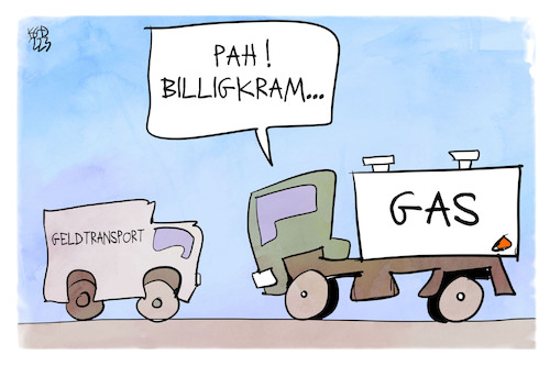 Cartoon: Luxusgut Gas (medium) by Kostas Koufogiorgos tagged karikatur,koufogiorgos,gas,lpg,geld,geldtransporter,lkw,billig,teuer,karikatur,koufogiorgos,gas,lpg,geld,geldtransporter,lkw,billig,teuer