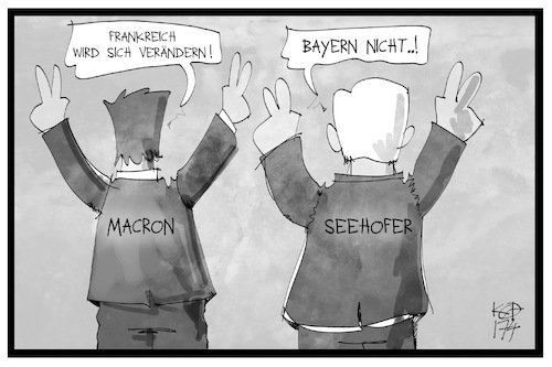 Cartoon: Macron und Seehofer (medium) by Kostas Koufogiorgos tagged karikatur,koufogiorgos,illustration,cartoon,seehofer,macron,bayern,frankreich,wahl,kandidat,alt,neu,politik,karikatur,koufogiorgos,illustration,cartoon,seehofer,macron,bayern,frankreich,wahl,kandidat,alt,neu,politik