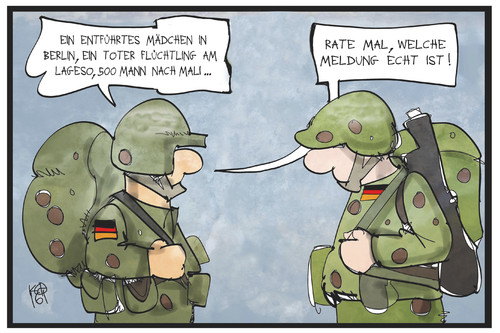 Cartoon: Mali-Einsatz (medium) by Kostas Koufogiorgos tagged karikaturen,koufogiorgos,illustration,cartoon,soldat,bundeswehr,mandat,falschmeldung,mali,lageso,flüchtling,beruf,fake,armee,militär,karikaturen,koufogiorgos,illustration,cartoon,soldat,bundeswehr,mandat,falschmeldung,mali,lageso,flüchtling,beruf,fake,armee,militär