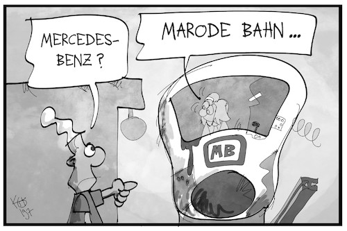 Cartoon: Marode Bahn (medium) by Kostas Koufogiorgos tagged karikatur,koufogiorgos,illustration,cartoon,bahn,marode,mercedes,benz,infrastruktur,verkehr,investition,wirtschaft,karikatur,koufogiorgos,illustration,cartoon,bahn,marode,mercedes,benz,infrastruktur,verkehr,investition,wirtschaft