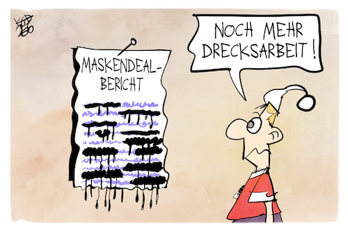 Cartoon: Maskendeal-Bericht (medium) by Kostas Koufogiorgos tagged karikatur,koufogiorgos,maskendeal,schwärzung,drecksarbeit,michel,karikatur,koufogiorgos,maskendeal,schwärzung,drecksarbeit,michel