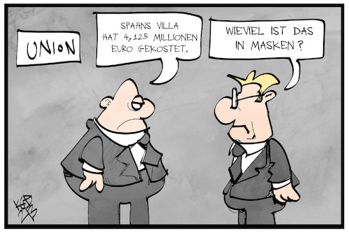 Cartoon: Maskenskandal (medium) by Kostas Koufogiorgos tagged karikatur,koufogiorgos,illustration,cartoon,spahn,villa,maske,geld,provision,millionen,korruption,politik,cdu,csu,karikatur,koufogiorgos,illustration,cartoon,spahn,villa,maske,geld,provision,millionen,korruption,politik,cdu,csu