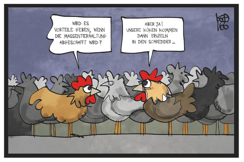 Cartoon: Massentierhaltung (medium) by Kostas Koufogiorgos tagged karikatur,koufogiorgos,illustration,cartoon,massentierhaltung,huehner,huehnerstall,küken,schreddern,tierschutz,landwirtschaft,karikatur,koufogiorgos,illustration,cartoon,massentierhaltung,huehner,huehnerstall,küken,schreddern,tierschutz,landwirtschaft