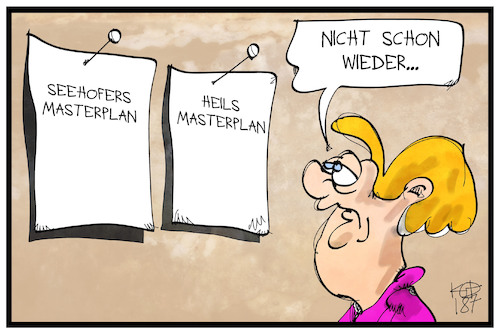 Cartoon: Masterpläne (medium) by Kostas Koufogiorgos tagged karikatur,koufogiorgos,illustration,cartoon,masterplan,rente,rentenpaket,merkel,seehofer,streit,konflikt,arbeitsminister,karikatur,koufogiorgos,illustration,cartoon,masterplan,rente,rentenpaket,merkel,seehofer,streit,konflikt,arbeitsminister