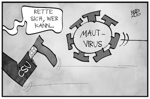 Cartoon: Maut-Virus (medium) by Kostas Koufogiorgos tagged karikatur,koufogiorgos,illustration,cartoon,maut,untersuchungsausschuss,csu,virus,jagd,bayern,politik,verkehr,karikatur,koufogiorgos,illustration,cartoon,maut,untersuchungsausschuss,csu,virus,jagd,bayern,politik,verkehr