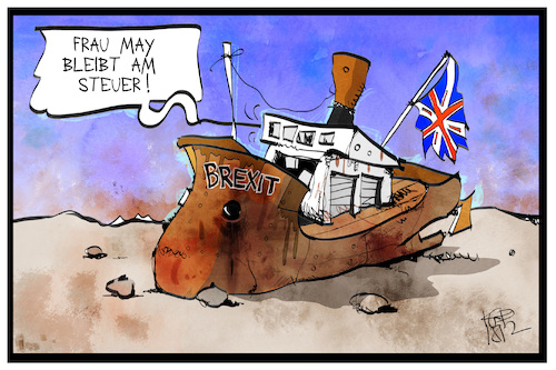 Cartoon: May bleibt (medium) by Kostas Koufogiorgos tagged karikatur,koufogiorgos,illustration,cartoon,may,brexit,uk,schiff,auflaufen,europa,austritt,eu,kapitän,steuer,karikatur,koufogiorgos,illustration,cartoon,may,brexit,uk,schiff,auflaufen,europa,austritt,eu,kapitän,steuer