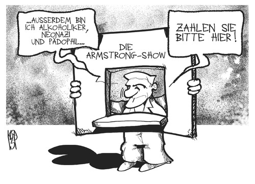 Cartoon: Die Armstrong-Show (medium) by Kostas Koufogiorgos tagged koufogiorgos,kostas,karikatur,kasse,geld,show,pädophil,neonazi,radsport,sport,beichte,doping,armstrong,mcallister,merkel,doping,wahl,landtag,niedersachsen,karikatur,kostas,koufogiorgos