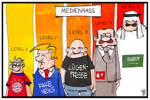 Cartoon: Medienhass (medium) by Kostas Koufogiorgos tagged karikatur,koufogiorgos,illustration,cartoon,level,stufen,medien,bayern,fussball,pressefreiheit,saudi,arabien,trump,lügenpresse,fake,news,hass,karikatur,koufogiorgos,illustration,cartoon,level,stufen,medien,bayern,fussball,pressefreiheit,saudi,arabien,trump,lügenpresse,fake,news,hass