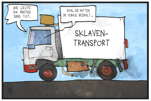 Cartoon: Menschenhandel (medium) by Kostas Koufogiorgos tagged karikatur,koufogiorgos,illustration,cartoon,schlepper,menschenhandel,flüchtlinge,lkw,österreich,geld,kriminalität,skrupellos,opfer,tod,karikatur,koufogiorgos,illustration,cartoon,schlepper,menschenhandel,flüchtlinge,lkw,österreich,geld,kriminalität,skrupellos,opfer,tod