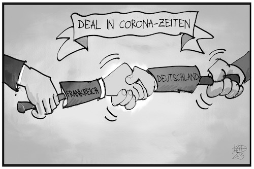 Cartoon: Merkel-Macron-Deal (medium) by Kostas Koufogiorgos tagged karikatur,koufogiorgos,illustration,cartoon,merkel,macron,deutschland,frankreich,shake,hands,abstand,corona,pandemie,rettungspaket,deal,hände,europa,eu,solidarität,karikatur,koufogiorgos,illustration,cartoon,merkel,macron,deutschland,frankreich,shake,hands,abstand,corona,pandemie,rettungspaket,deal,hände,europa,eu,solidarität