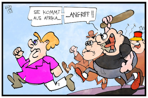 Cartoon: Merkel aus Afrika (medium) by Kostas Koufogiorgos tagged karikatur,koufogiorgos,illustration,cartoon,afrika,reise,angriff,neonazi,pogrom,verfolgung,hass,rassismus,karikatur,koufogiorgos,illustration,cartoon,afrika,reise,angriff,neonazi,pogrom,verfolgung,hass,rassismus