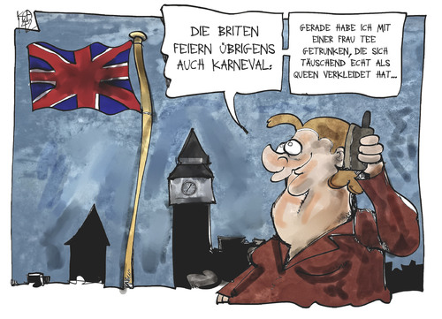 Cartoon: Merkel bei der Queen (medium) by Kostas Koufogiorgos tagged illustration,karikatur,cartoon,merkel,koufogiorgos,queen,karneval,england,grossbritannien,monarchie,big,ben,london,politik,auslandsreise,bundeskanzlerin,monarchin,königin,illustration,karikatur,cartoon,merkel,koufogiorgos,queen,karneval,england,grossbritannien,monarchie,big,ben,london,politik,auslandsreise,bundeskanzlerin,monarchin,königin