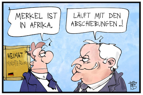 Cartoon: Merkel bereist Afrika (medium) by Kostas Koufogiorgos tagged karikatur,koufogiorgos,illustration,cartoon,merkel,afrika,seehofer,abschiebung,migration,zuwanderung,ausreise,staatsbesuch,karikatur,koufogiorgos,illustration,cartoon,merkel,afrika,seehofer,abschiebung,migration,zuwanderung,ausreise,staatsbesuch