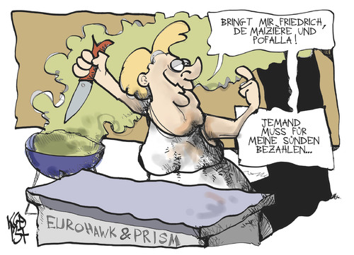 Cartoon: Merkel bringt Opfer (medium) by Kostas Koufogiorgos tagged pofalla,friedrich,maiziere,opfer,zahltag,merkel,sünde,altar,prism,eurohawk,karikatur,koufogiorgos,pofalla,friedrich,maiziere,opfer,zahltag,merkel,sünde,altar,prism,eurohawk,karikatur,koufogiorgos