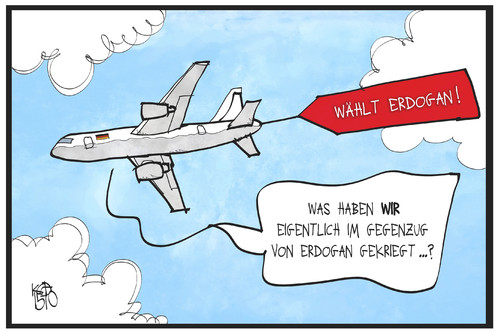 Cartoon: Merkel und Erdogan (medium) by Kostas Koufogiorgos tagged karikatur,koufogiorgos,illustration,cartoon,erdogan,merkel,tuerkei,besuch,staatsbesuch,flugzeug,reise,banner,wahlkampf,wahl,hilfe,geschenk,karikatur,koufogiorgos,illustration,cartoon,erdogan,merkel,tuerkei,besuch,staatsbesuch,flugzeug,reise,banner,wahlkampf,wahl,hilfe,geschenk