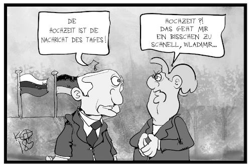 Cartoon: Merkel und Putin (medium) by Kostas Koufogiorgos tagged karikatur,koufogiorgos,illustration,cartoon,merkel,putin,hochzeit,nachrichten,medien,staatsbesuch,russland,deutschland,karikatur,koufogiorgos,illustration,cartoon,merkel,putin,hochzeit,nachrichten,medien,staatsbesuch,russland,deutschland