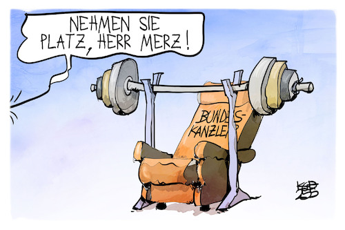 Cartoon: Merzens Arbeitsplatz (medium) by Kostas Koufogiorgos tagged karikatur,koufogiorgos,bundeskanzler,gewicht,gewichtheben,sitz,platz,merz,arbeitsplatz,karikatur,koufogiorgos,bundeskanzler,gewicht,gewichtheben,sitz,platz,merz,arbeitsplatz