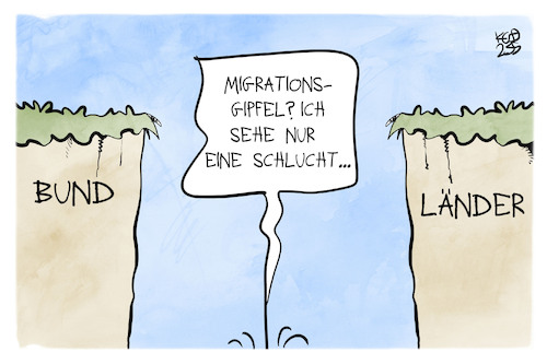 Cartoon: Migrationsgipfel (medium) by Kostas Koufogiorgos tagged karikatur,koufogiorgos,schlucht,gipfel,migration,bund,länder,karikatur,koufogiorgos,schlucht,gipfel,migration,bund,länder