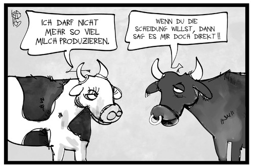 Cartoon: Milchproduktion (medium) by Kostas Koufogiorgos tagged karikatur,koufogiorgos,illustration,cartoon,milchgipfel,kuh,milch,rind,milchproduktion,scheidung,bulle,stier,tier,vieh,milchvieh,agrar,wirtschaft,karikatur,koufogiorgos,illustration,cartoon,milchgipfel,kuh,milch,rind,milchproduktion,scheidung,bulle,stier,tier,vieh,milchvieh,agrar,wirtschaft