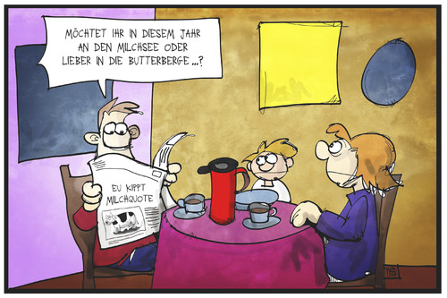 Cartoon: Milchquote (medium) by Kostas Koufogiorgos tagged karikatur,koufogiorgos,illustration,cartoon,eu,milch,quote,zeitung,urlaub,ferien,planung,butterberg,milchsee,lebensmittel,regulierung,europa,milchwirtschaft,landwirtschaft,politik,karikatur,koufogiorgos,illustration,cartoon,eu,milch,quote,zeitung,urlaub,ferien,planung,butterberg,milchsee,lebensmittel,regulierung,europa,milchwirtschaft,landwirtschaft,politik