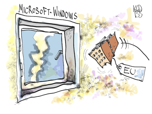 Cartoon: Microsoft (medium) by Kostas Koufogiorgos tagged bussgeld,strafe,kommission,europa,eu,windows,microsoft,stein,wirtschaft,software,gates,karikatur,kostas,koufogiorgosiorgos,microsoft,browserstreit,eu,karikatur,koufogiorgos