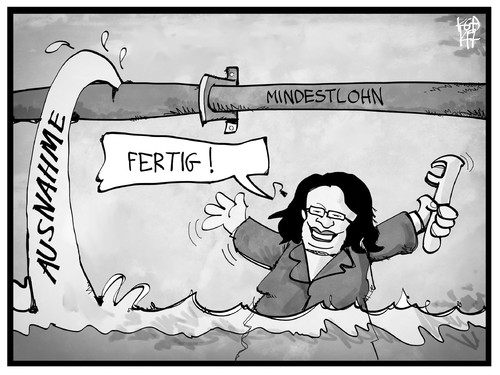 Cartoon: Mindestlohn (medium) by Kostas Koufogiorgos tagged karikatur,koufogiorgos,illustration,cartoon,nahles,mindestlohn,arbeit,arbeitsministerin,rohr,klemptnerin,wasser,undicht,ausnahme,politik,pfusch,karikatur,koufogiorgos,illustration,cartoon,nahles,mindestlohn,arbeit,arbeitsministerin,rohr,klemptnerin,wasser,undicht,ausnahme,politik,pfusch