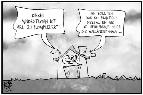 Cartoon: Mindestlohn (medium) by Kostas Koufogiorgos tagged karikatur,koufogiorgos,illustration,cartoon,mindestlohn,maut,ausländer,herdprämie,betreuungsgeld,csu,bayern,partei,haus,bürokratie,kompliziert,politik,union,karikatur,koufogiorgos,illustration,cartoon,mindestlohn,maut,ausländer,herdprämie,betreuungsgeld,csu,bayern,partei,haus,bürokratie,kompliziert,politik,union