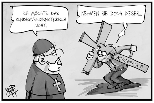 Cartoon: Missbrauchsskandal (medium) by Kostas Koufogiorgos tagged karikatur,koufogiorgos,illustration,cartoon,missbrauch,kirche,katholisch,kardinal,marx,opfer,kreuz,verdienstkreuz,würdenträger,religion,karikatur,koufogiorgos,illustration,cartoon,missbrauch,kirche,katholisch,kardinal,marx,opfer,kreuz,verdienstkreuz,würdenträger,religion