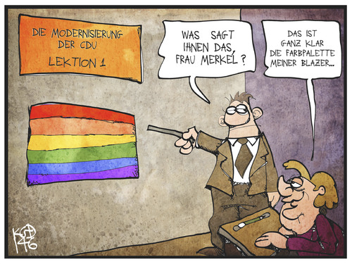 Cartoon: Moderne CDU (medium) by Kostas Koufogiorgos tagged karikatur,koufogiorgos,cartoon,illustration,fahne,regenbogen,homosexualität,schwule,lesben,bewegung,modern,lektion,merkel,lehrer,mode,farbe,politik,partei,cdu,modernisierung,karikatur,koufogiorgos,cartoon,illustration,fahne,regenbogen,homosexualität,schwule,lesben,bewegung,modern,lektion,merkel,lehrer,mode,farbe,politik,partei,cdu,modernisierung