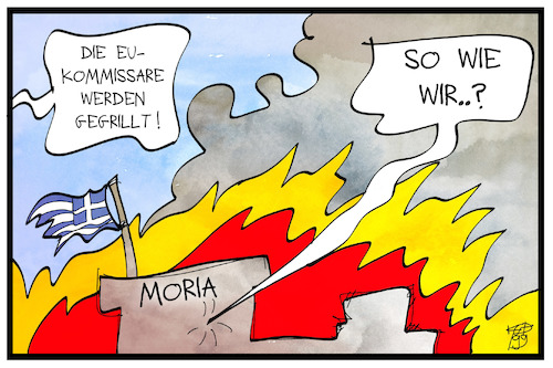 Cartoon: Moria-Flüchtlingslager (medium) by Kostas Koufogiorgos tagged karikatur,koufogiorgos,illustration,cartoon,eu,europa,kommission,moria,lesbos,flüchtlingslager,feuer,tod,asylpolitik,fluechtlinge,karikatur,koufogiorgos,illustration,cartoon,eu,europa,kommission,moria,lesbos,flüchtlingslager,feuer,tod,asylpolitik,fluechtlinge