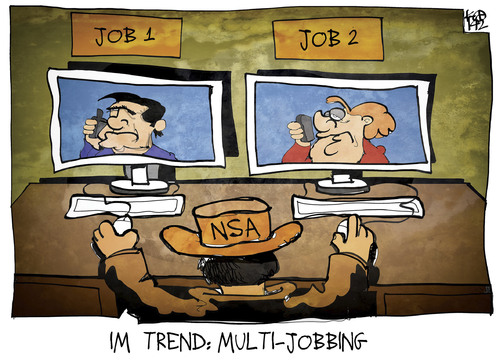 Cartoon: Multi-Spionage (medium) by Kostas Koufogiorgos tagged karikatur,koufogiorgos,cartoon,illustration,nsa,multijobbing,arbeit,job,schröder,merkel,spionage,agent,abhörskandal,usa,deutschland,bundeskanzler,karikatur,koufogiorgos,cartoon,illustration,nsa,multijobbing,arbeit,job,schröder,merkel,spionage,agent,abhörskandal,usa,deutschland,bundeskanzler