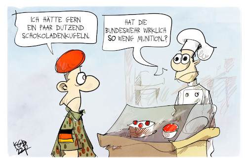 Cartoon: Munitionsmangel (medium) by Kostas Koufogiorgos tagged karikatur,koufogiorgos,bundeswehr,soldat,militär,konditorei,bäckerei,schokolade,munition,karikatur,koufogiorgos,bundeswehr,soldat,militär,konditorei,bäckerei,schokolade,munition