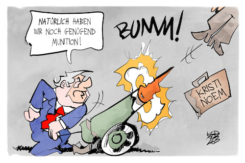 Cartoon: Munitionsmangel (medium) by Kostas Koufogiorgos tagged karikatur,koufogiorgos,munitionsmangel,kristi,noem,trump,kanone,job,ice,karikatur,koufogiorgos,munitionsmangel,kristi,noem,trump,kanone,job,ice