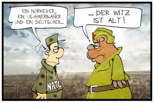 Cartoon: NATO-Übung in Norwegen (medium) by Kostas Koufogiorgos tagged karikatur,koufogiorgos,illustration,cartoon,nato,übung,krieg,kalt,bär,russland,norwegen,bundeswehr,militär,witz,karikatur,koufogiorgos,illustration,cartoon,nato,übung,krieg,kalt,bär,russland,norwegen,bundeswehr,militär,witz