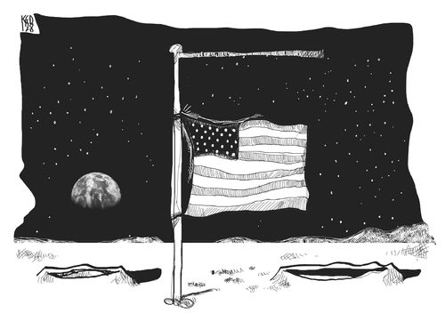 Cartoon: Neil Armstrong (medium) by Kostas Koufogiorgos tagged koufogiorgos,kostas,karikatur,nasa,astronaut,flag,space,moon,halbmast,flagge,usa,armstrong,neil,mond,mond,neil,armstrong,usa,flagge,halbmast,karikatur,kostas,koufogiorgos