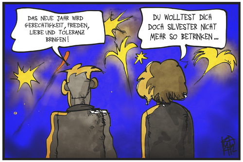 Cartoon: Neujahrswünsche (medium) by Kostas Koufogiorgos tagged karikatur,koufogiorgos,illustration,cartoon,2015,neujahr,silvester,mann,frau,wünsche,hoffnungen,alkohol,trunkenheit,feuerwerk,karikatur,koufogiorgos,illustration,cartoon,2015,neujahr,silvester,mann,frau,wünsche,hoffnungen,alkohol,trunkenheit,feuerwerk